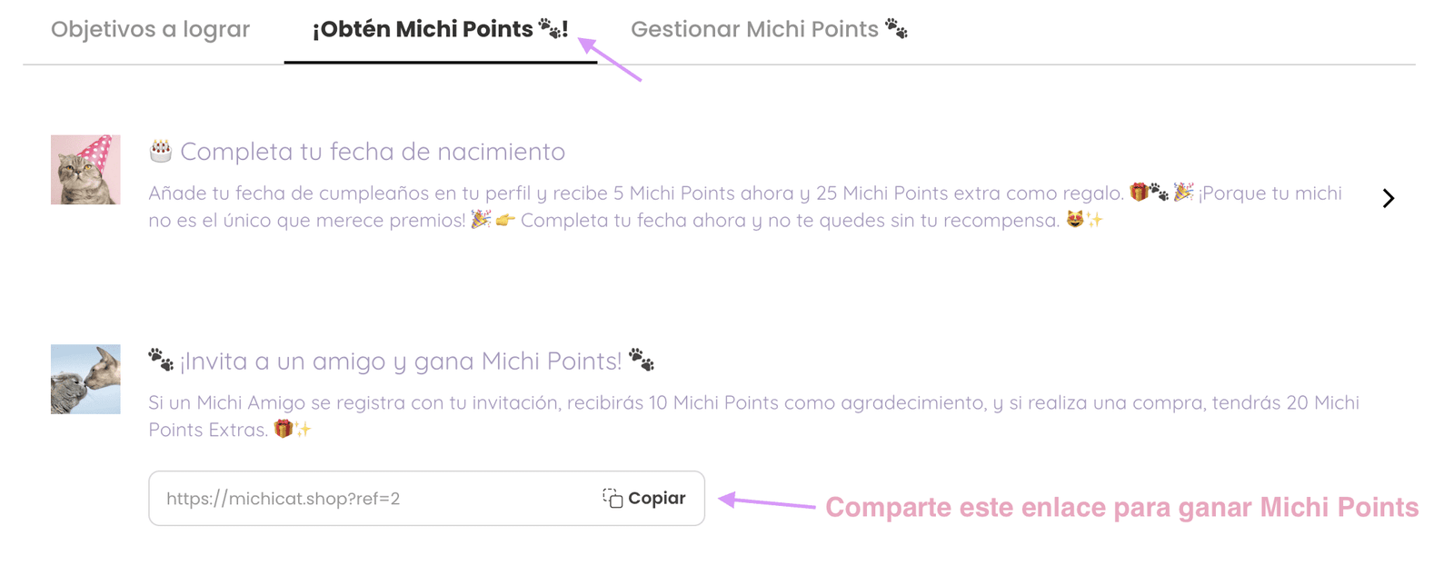 Enlace único Michi Points