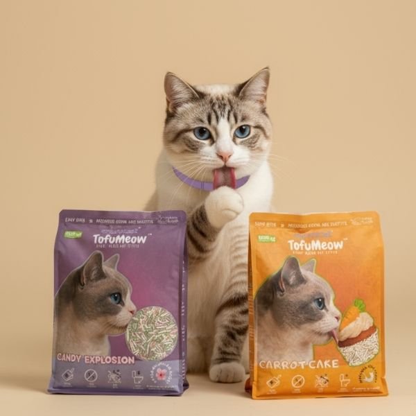 Gato con arena TofuMeow Candy Explosion y Carrot Cake en bolsas frente al arenero