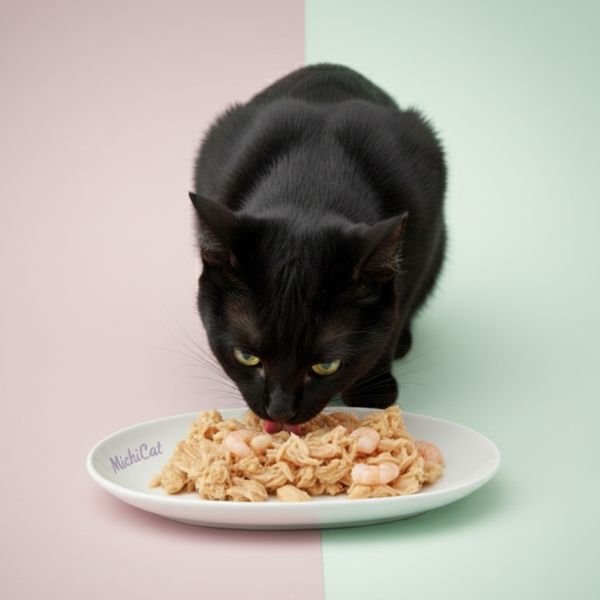Gato negro comiendo comida húmeda para gatos natural de pollo y gambas