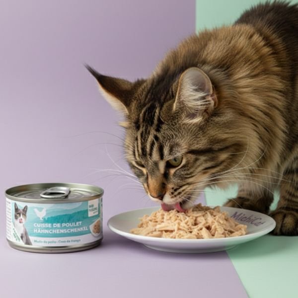 Deliciosa receta elaborada con muslo de pollo 100% natural. Textura suave y digestible, ideal para gatos sensibles o que prefieren sabores más suaves. Fórmula limpia y alta en proteína.