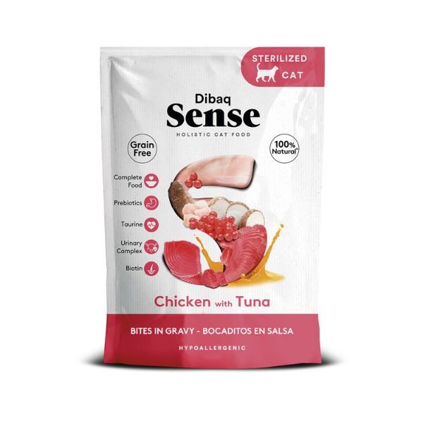 Bolsa Dibaq Sense Bocaditos en Salsa sabor Pollo con Atún para gatos 100g.