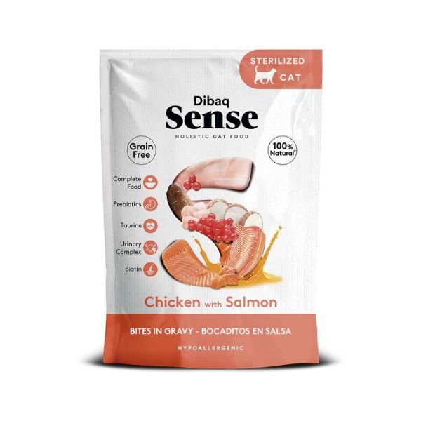 Bolsa Dibaq Sense Bocaditos en Salsa sabor Pollo con Salmón para gatos 100g.