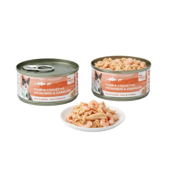 Lata de comida húmeda para gatos Bubi Nature CAT sabor Pollo y Gambas 70g, abierta y cerrada con su contenido visible.