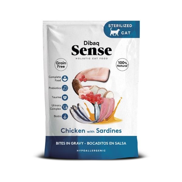 Bolsa Dibaq Sense Bocaditos en Salsa sabor Pollo con Sardinas para gatos 100g.
