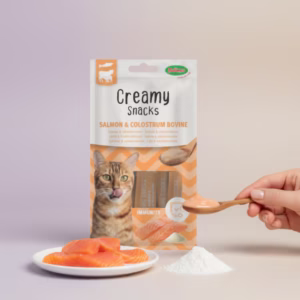 Pack de Bubimex Creamy Snack sabor Salmón & Calostro para gatos, 4 sobres de 15g.