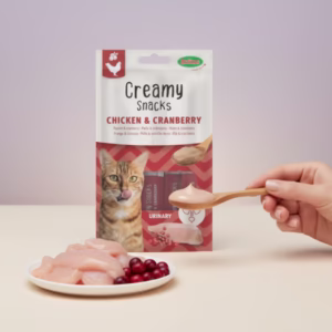 Pack de Bubimex Creamy Snack con Pollo, Salmón y Arándanos para gatos, 4 sobres de 15g.