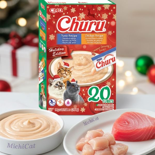 Caja Churu Holiday Edition para gatos con 20 tubos cremosos de atún y pollo en ambiente navideño.