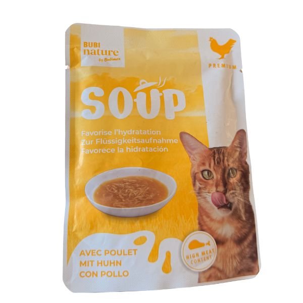 Envase de BUBU Nature Soup para gatos sabor pollo, sopa hidratante.