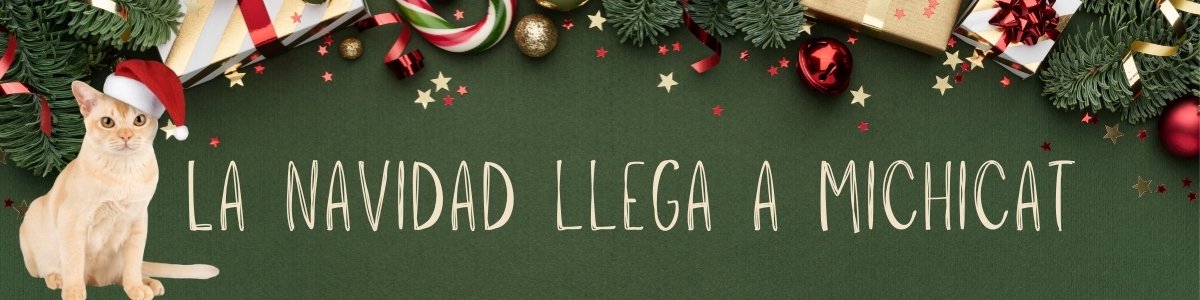 La Navidad llega a MichiCat con un gato con gorro de Papá Noel y decoración navideña.