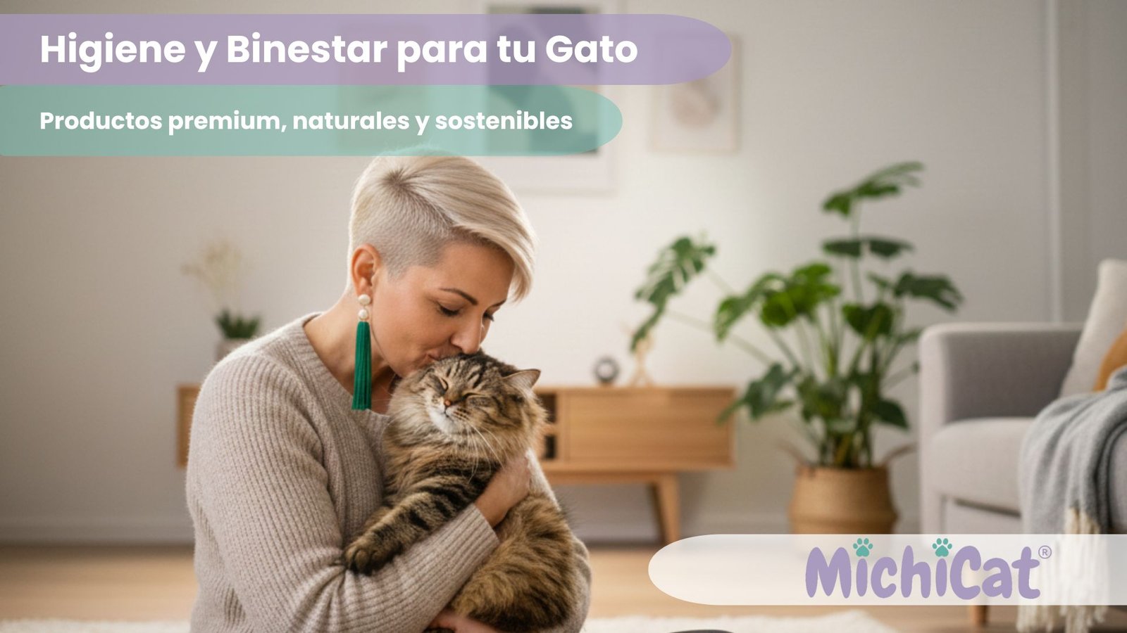 Banner MichiCat con arena de tofu TofuMeow 100% vegetal, biodegradable y sin polvo, ideal para gatos y hogares sostenibles.