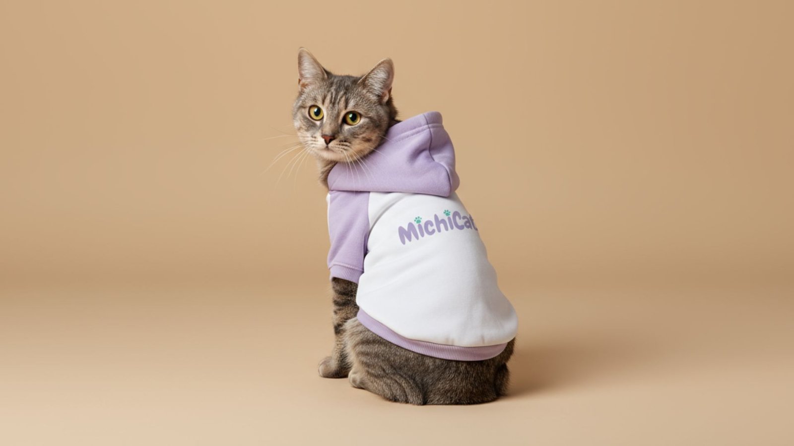 Gato con sudadera lila y blanca MichiCat posando sobre fondo beige, símbolo de la tienda online de productos naturales y sostenibles para gatos.