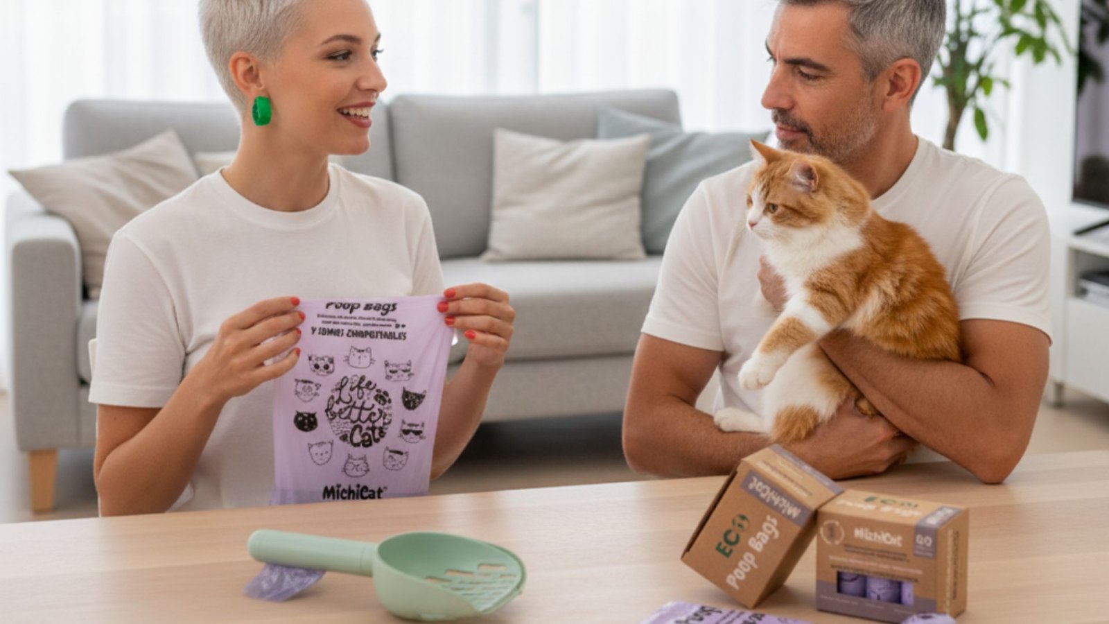 Pareja con su gato usando las ECO Poop Bags y accesorios MichiCat en un entorno doméstico