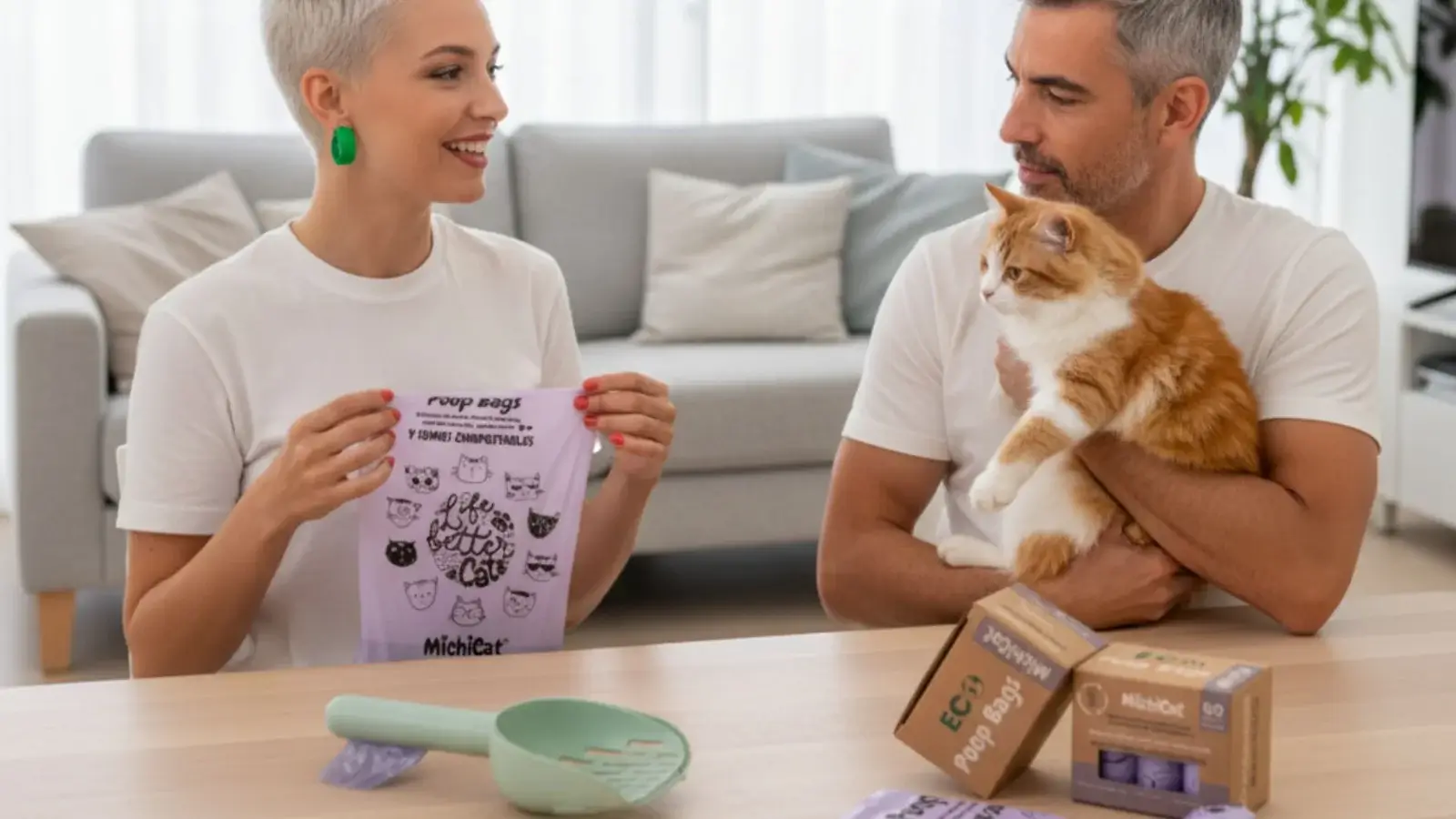 MichiCat ECO Poop Bags y accesorios sostenibles para gatos Pareja con su gato usando las ECO Poop Bags y accesorios MichiCat en un entorno doméstico