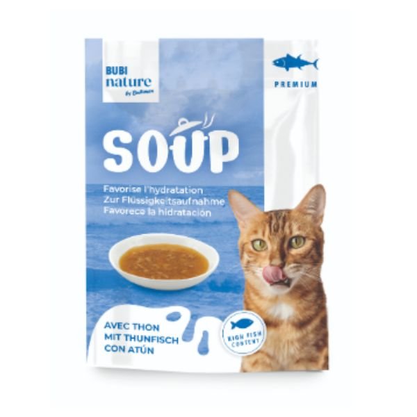 BUBU Nature Soup con Atún: sopa hidratante ligera con fibras de pescado. Ideal como topping, snack o complemento para gatos que beben poco o son exigentes.