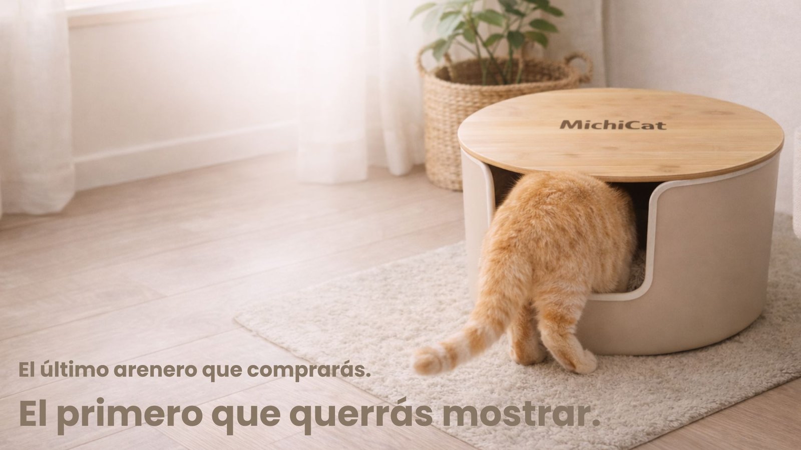 Gato usando SteelNest, arenero de acero inoxidable y tapa de bambú de diseño premium para el hogar