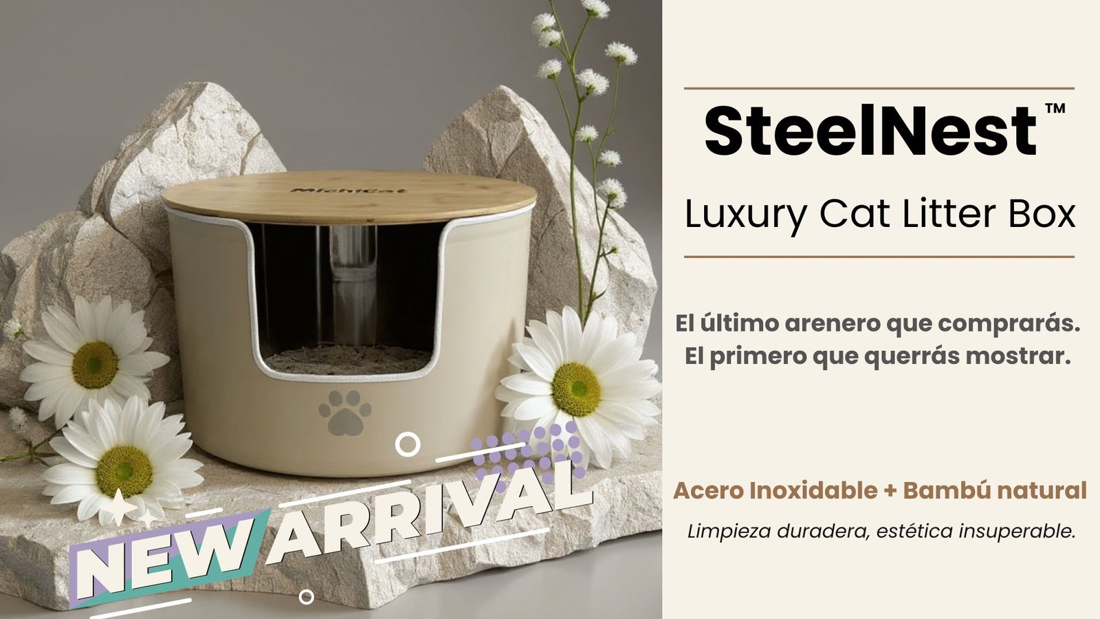 SteelNest, arenero para gatos de acero inoxidable y bambú natural con diseño premium integrado en el hogar