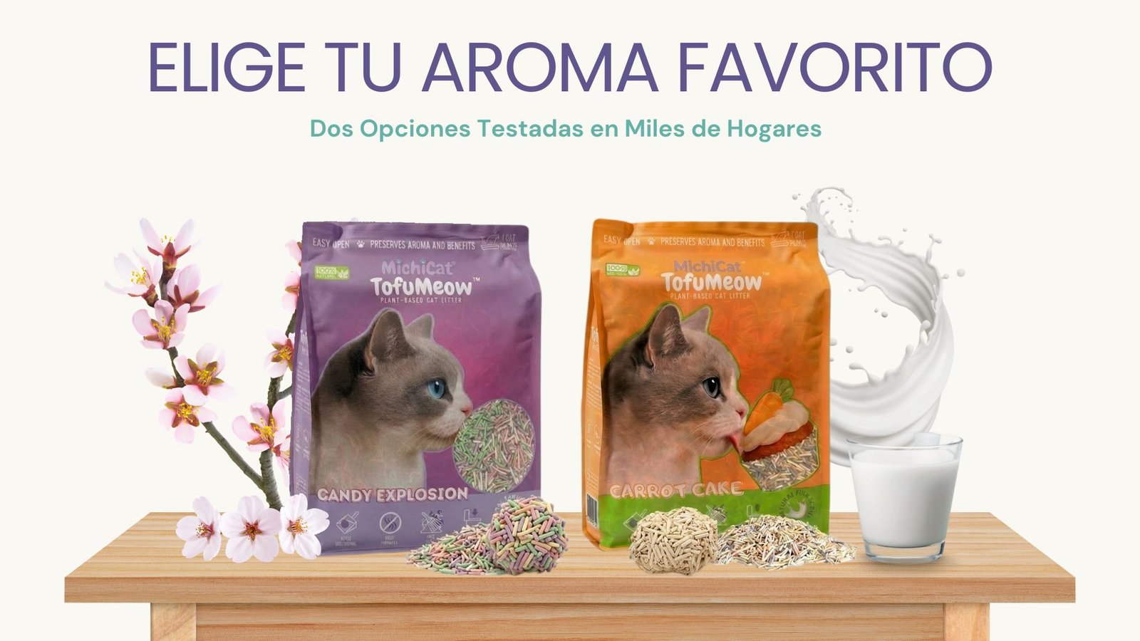 Dos bolsas de arena para gatos TofuMeow de MichiCat, una morada de Candy Explosion y una naranja de Carrot Cake, sobre una mesa de madera con flores y leche.