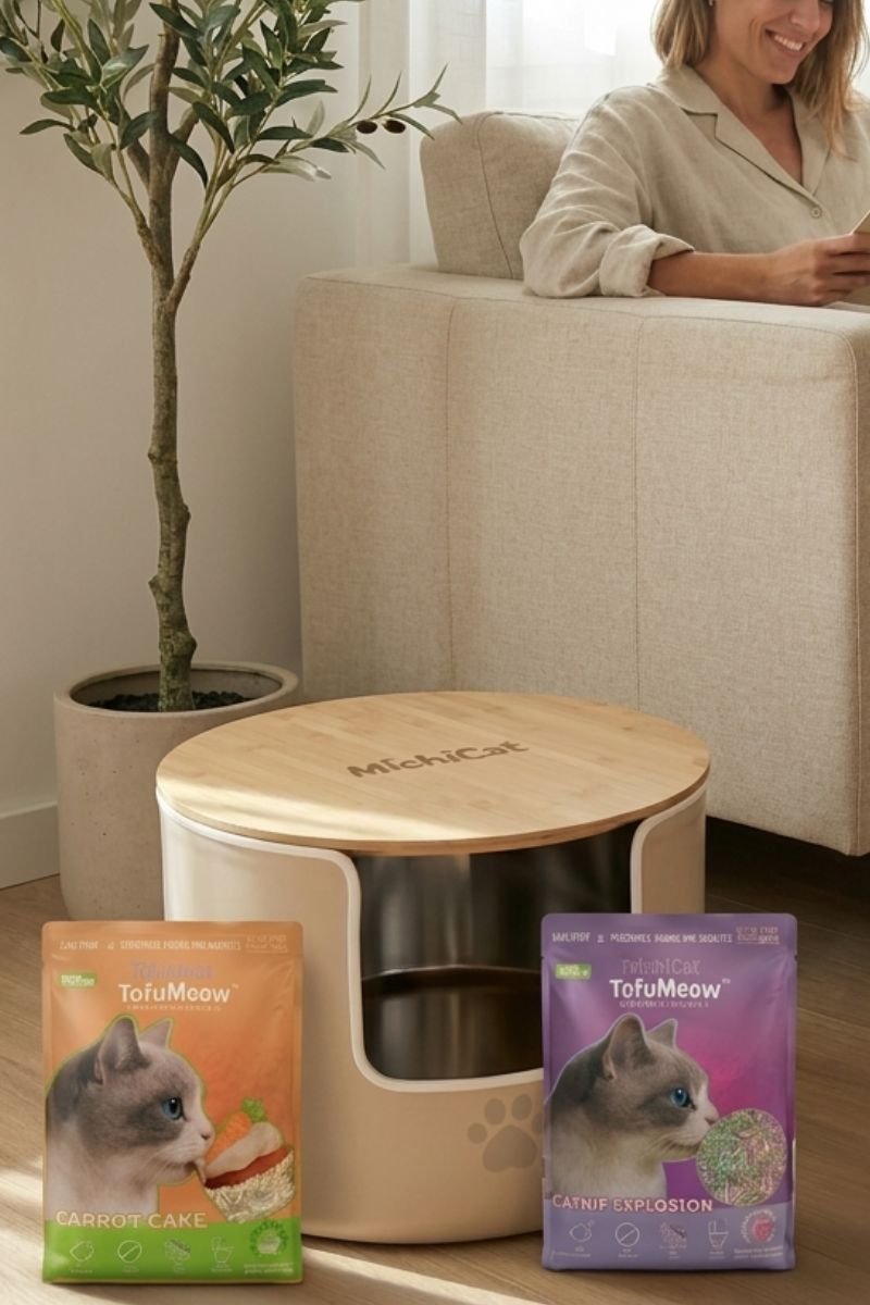 Arenero de diseño SteelNest con tapa de bambú y estructura circular blanca junto a un sofá y bolsas de arena natural para gatos en un salón luminoso.