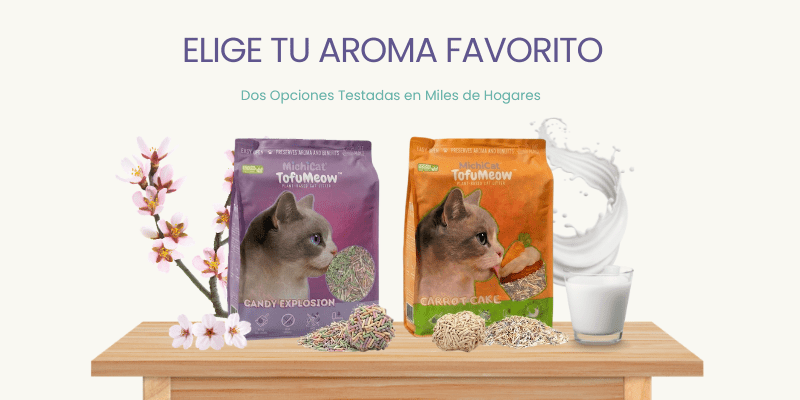 Dos bolsas de arena para gatos TofuMeow de MichiCat, una morada de Candy Explosion y una naranja de Carrot Cake, sobre una mesa de madera con flores y leche.