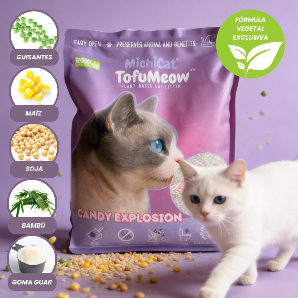 MichiCat Arena de Tofu para Gatos TofuMeow, 12 kg (4x3kg) Arena Aglomerante para Gatos Vegetal Biodegradable, Libre de Polvo, Control de Olores Avanzado, Desechable en WC, Pack Ahorro Larga Duración - Imagen 4
