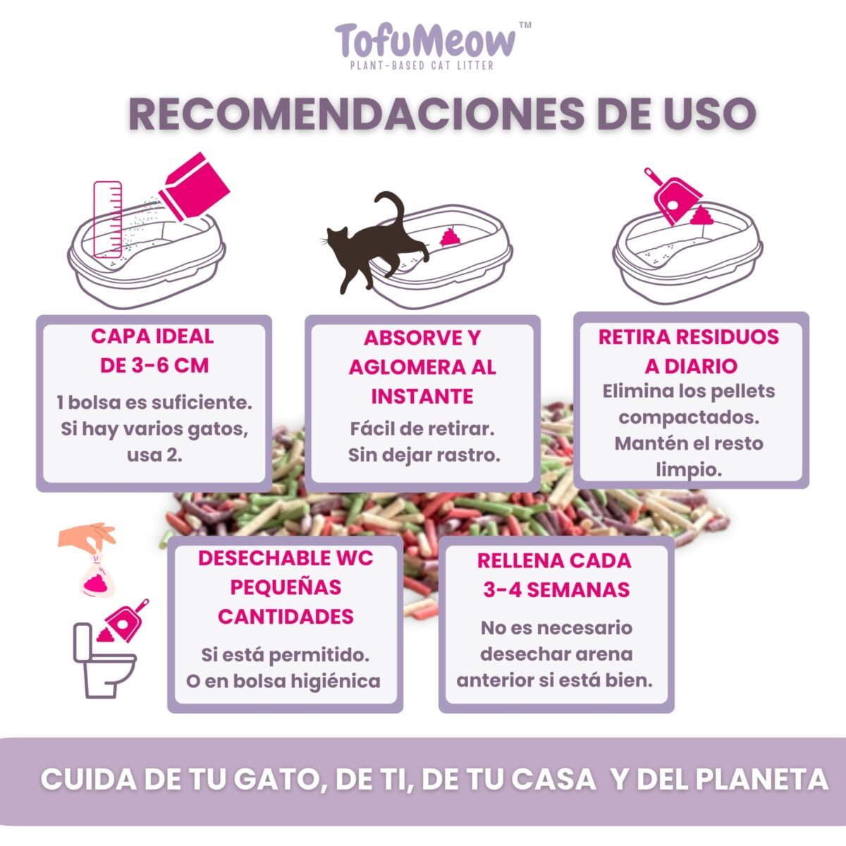 MichiCat Arena de Tofu para Gatos TofuMeow, 12 kg (4x3kg) Arena Aglomerante para Gatos Vegetal Biodegradable, Libre de Polvo, Control de Olores Avanzado, Desechable en WC, Pack Ahorro Larga Duración - Imagen 7