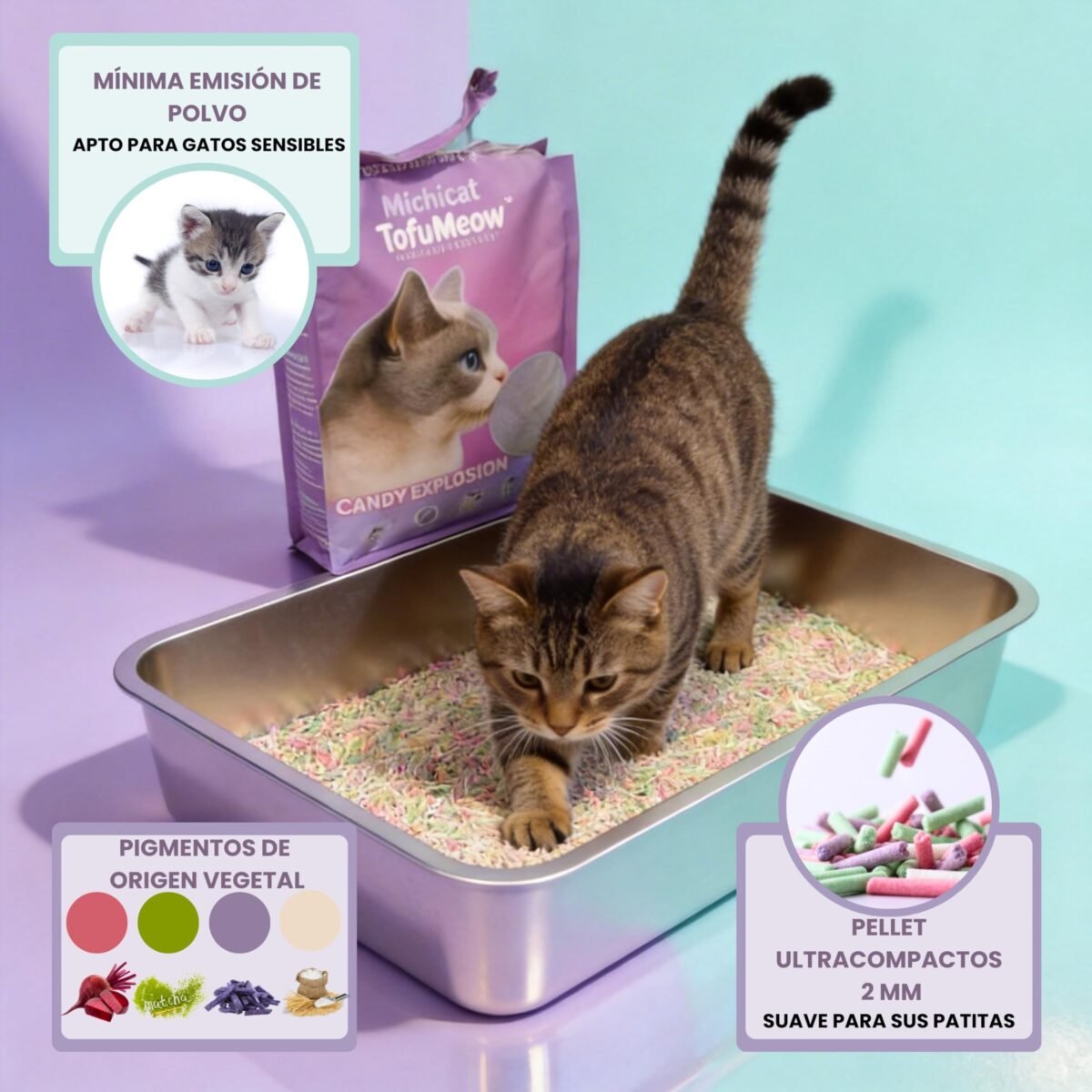 MichiCat Arena de Tofu para Gatos TofuMeow, 12 kg (4x3kg) Arena Aglomerante para Gatos Vegetal Biodegradable, Libre de Polvo, Control de Olores Avanzado, Desechable en WC, Pack Ahorro Larga Duración - Imagen 3