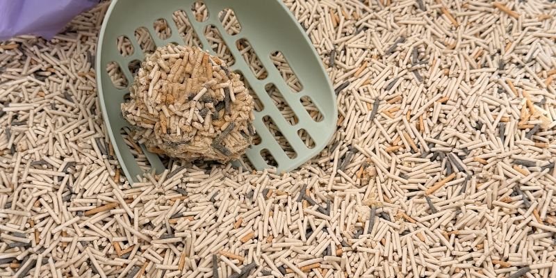 Paleta verde recogiendo grumo compacto de arena vegetal de tofu entre pellets de colores beige y gris