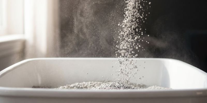 Arena mineral de bentonita cayendo en arenero blanco con nube de polvo visible en el aire