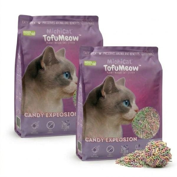 Pack de 2 bolsas de arena de tofu para gatos MichiCat TofuMeow variante Candy Explosion con pellets de colores.