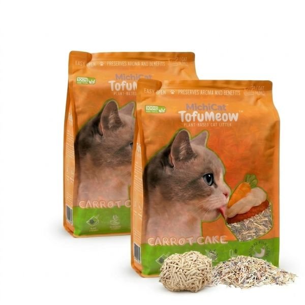 arena para gatos TofuMeow sabor Carrot Cake. 100% natural, sin polvo y con alto poder aglomerante.