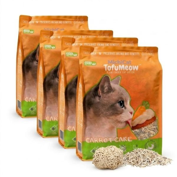 Máximo ahorro: Pack Conjunto de 4 paquetes de arena de tofu MichiCat TofuMeow Carrot Cake, arena biodegradable de alta calidad.
