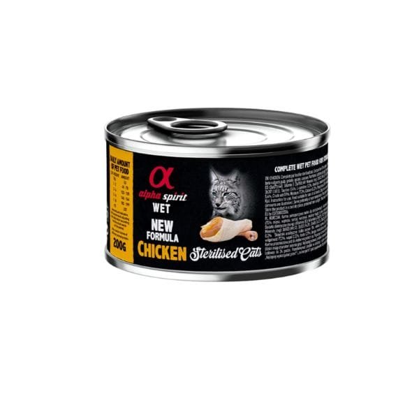 Lata de comida húmeda Alpha Spirit Sterilised Cats sabor pollo de 200g para gatos esterilizados.