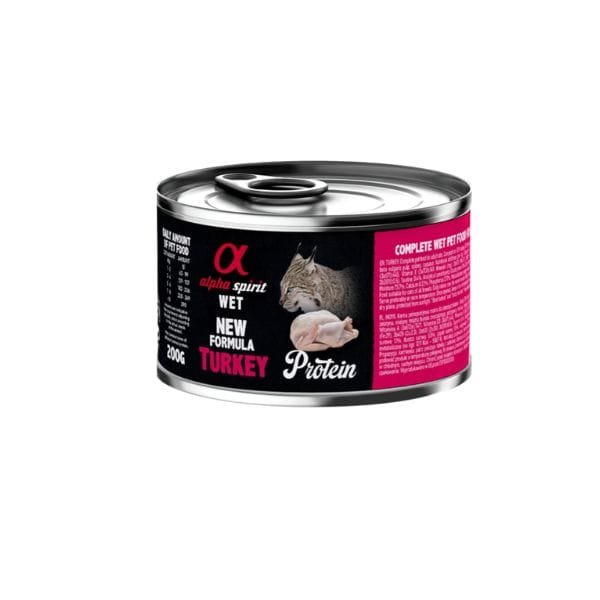 Lata de comida húmeda Alpha Spirit Sterilised Cats sabor PAVO de 200g para gatos esterilizados.