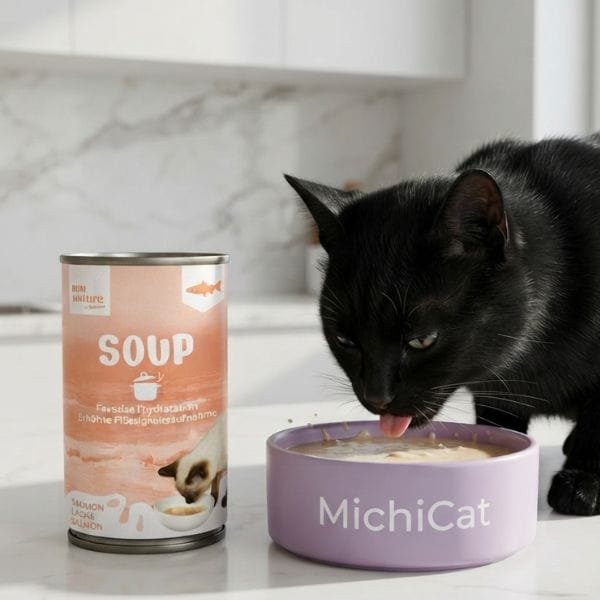 Gato bebiendo sopa de salmón Bubi Nature de un cuenco lila junto a una lata de sopa "BUBI nature by Bubimex" de salmon en una cocina moderna.