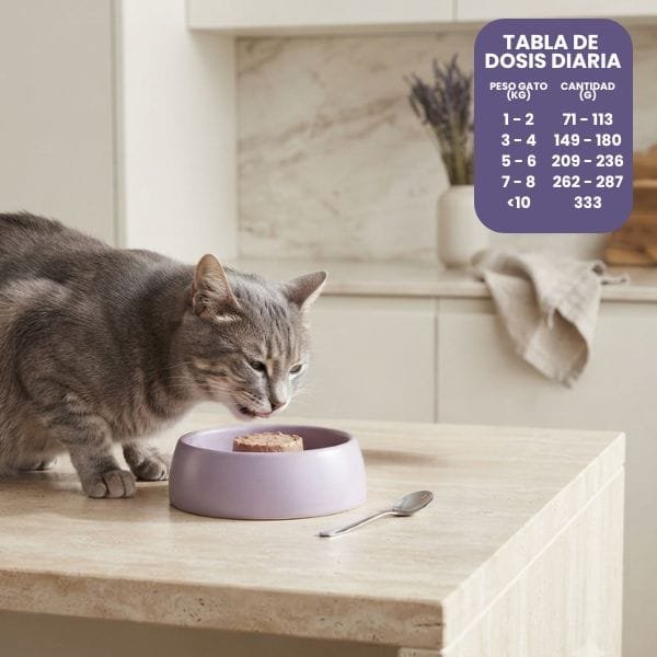 Gato comiendo paté Alpha Spirit en cuenco lila en una cocina moderna con tabla de dosificación visible.