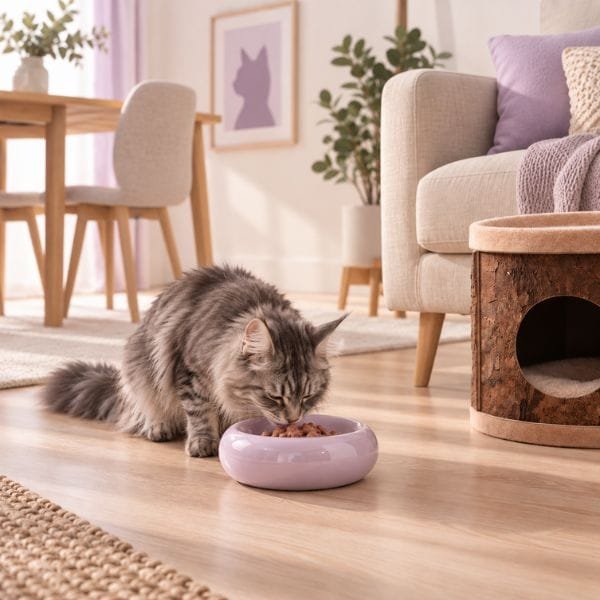 Gato comiendo tranquilo en casa gracias a la selección MichiCat