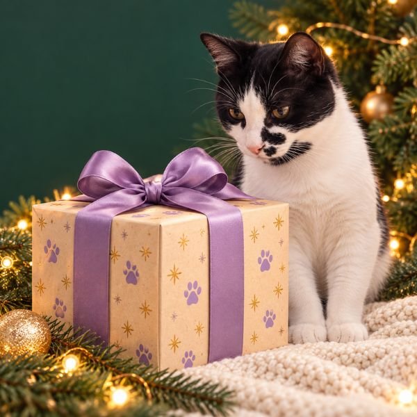 Neko junto a una caja regalo con huellas de gato y lazo lila en un ambiente navideño.