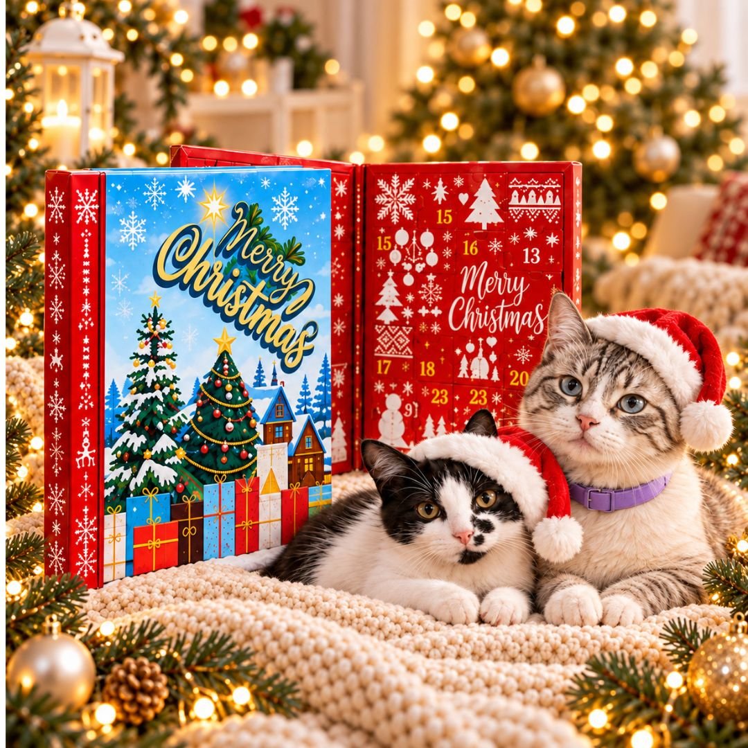 Calendario de Adviento MichiCat abierto y cerrado junto a Hanni y Neko con gorritos navideños.