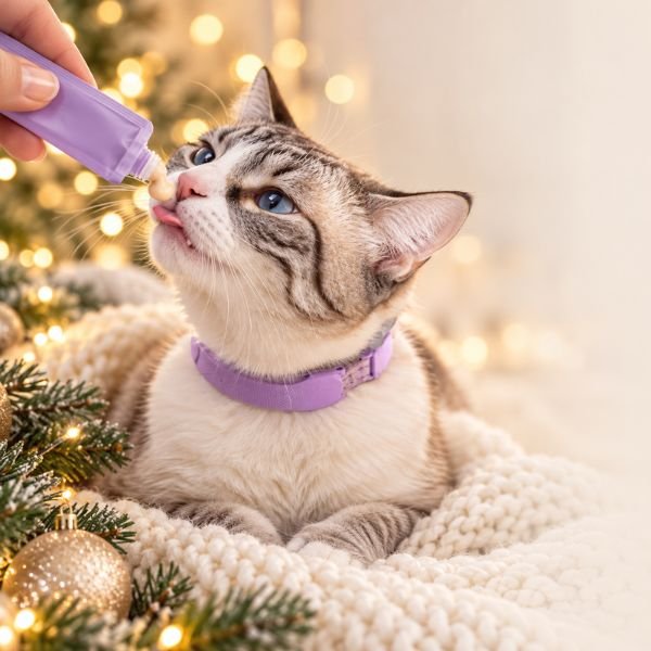 Hanni disfrutando de un snack cremoso en un ambiente navideño.