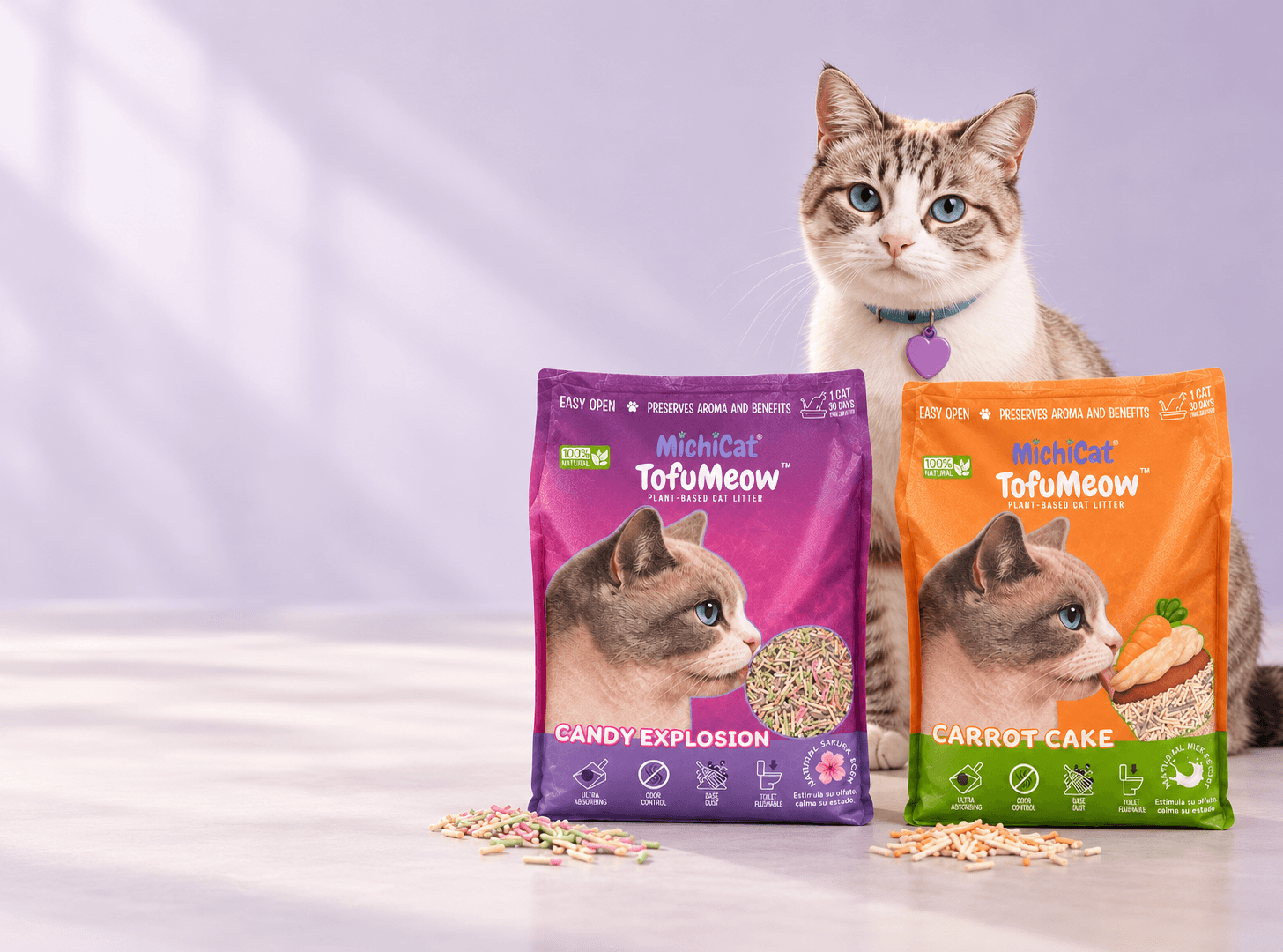 Hanni junto a las bolsas de arena vegetal TofuMeow Candy Explosion y Carrot Cake de MichiCat.