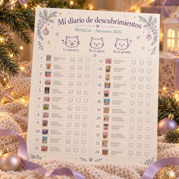 Tarjetón del Calendario de Adviento MichiCat con los 24 días y caritas de gato para valorar cada sorpresa, en un escenario navideño.
